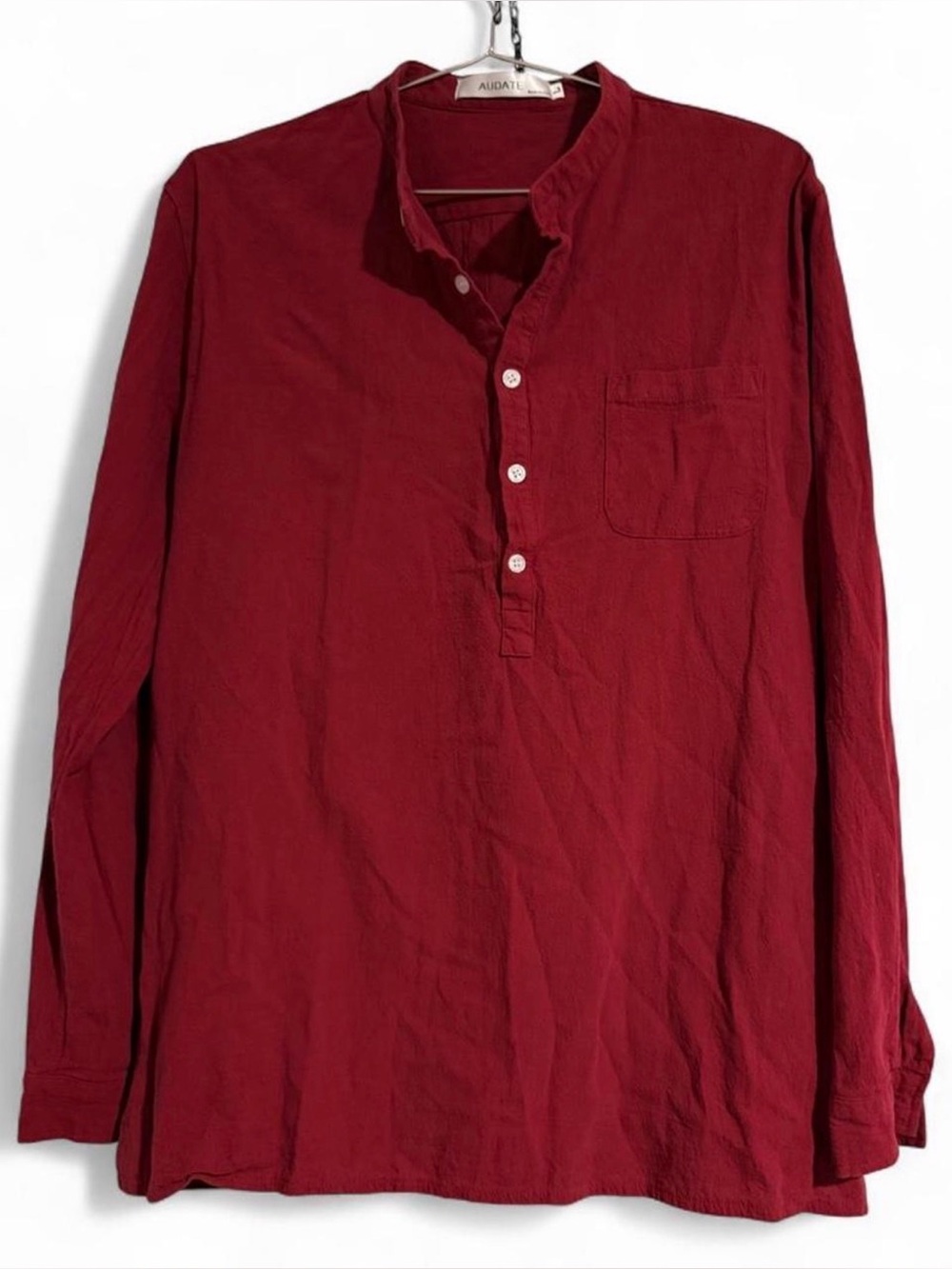 Men's Casual Red Button-Down Henley Shirt with Chest Pocket